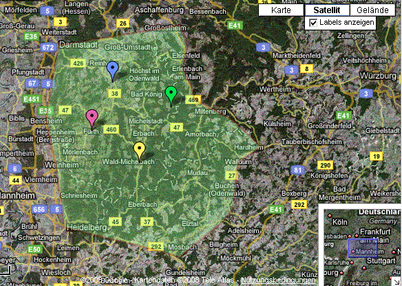 Satelitenaufnahme des Odenwalds von google.de